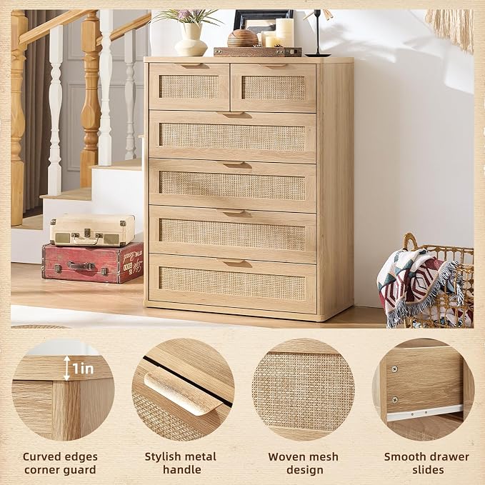 LEYAOYAO Rattan Dresser for Bedroom, 41" Tall Chest of Drawers, Modern 6 Drawers Boho Dressers with Storage, Light Oak Dresser Wooden Closet Organizer for Living Room, Hallway, Natural Wood - Image 4