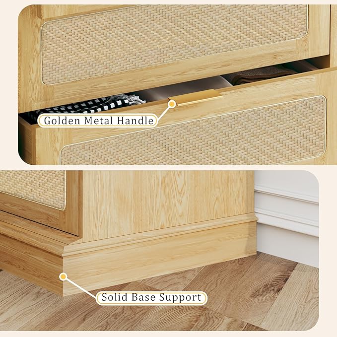 HUAHUU 6 Drawer Dresser for Bedroom, 50 Inch Tall Dressers & Rattan Chest of Drawers, Boho Style, Wood Modern Dressers Organizer for Bedroom, Living Room, Hallway, Entryway, Oak - Image 5