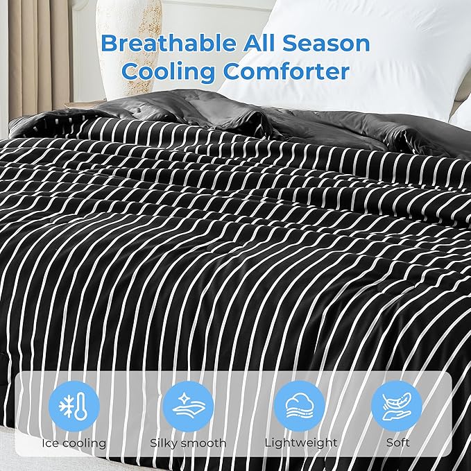 Pinstripe Cooling Comforter King Size, Q-Max 0.45 Reversible Striped Cooling Blanket for Hot Sleepers, Breathable Lightweight Silk Smooth Summer Bedding, Quilted Ice Blanket, Black