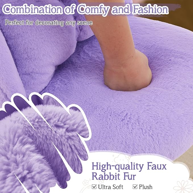 VINGLI Fluffy Girls Vanity Chair with Back & Pillow,Cute Small Cozy Desk Chair No Wheels,Comfy Makeup Ch with Ajustable Gold Legs,for Bedroom,Living Room,Small Space,Purple
