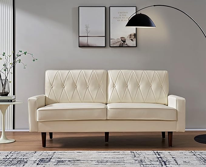 Container Furniture Modern Style Faux Leather Sofa with Elegant Round Tapered Legs and Button Tufted Backrest Perfect for Living Room, Bedroom or Home Office, 69.3’’ Wide, White