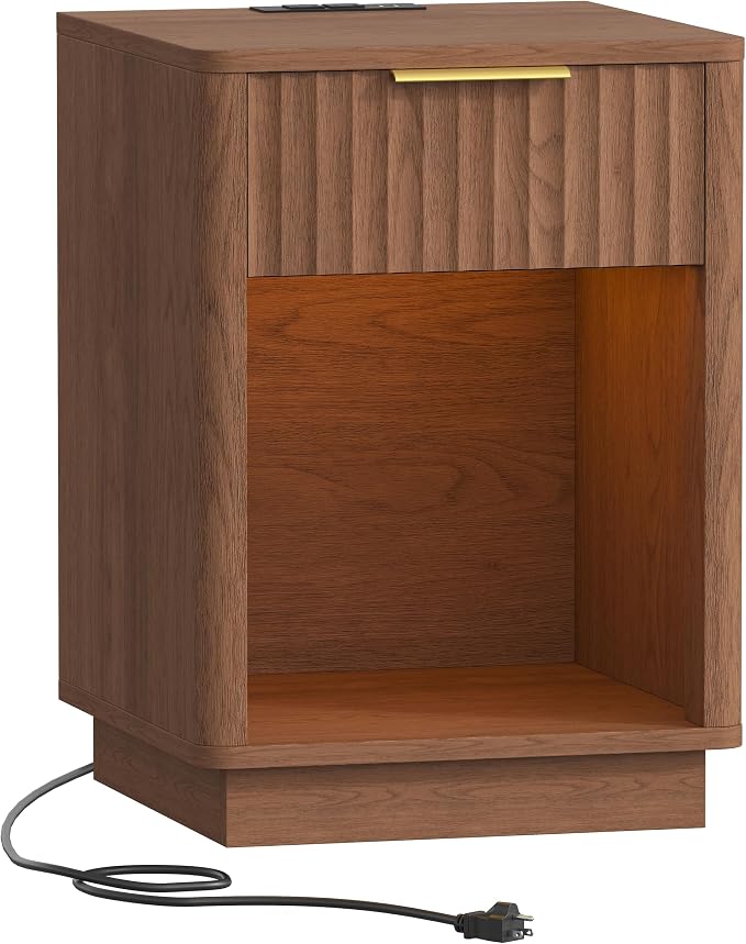 Akxomel Fluted Nightstand, Wooden Night Stand with Charging Station and LED Light, Modern Mid Century End Table with Drawer, 15" D x 15.7" W x 22.6" H, for Bedroom, Walnut - Image 9