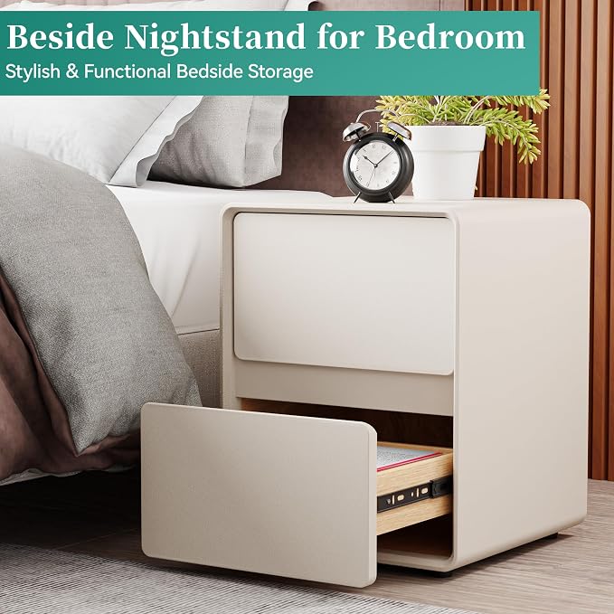 15.8" W Faux Leather Narrow Nightstand, Fully-Assembled Bedside Table with 2 Drawers, Wood Night Stand Small Accent End Table & Side Table for Bedroom, White - Image 5