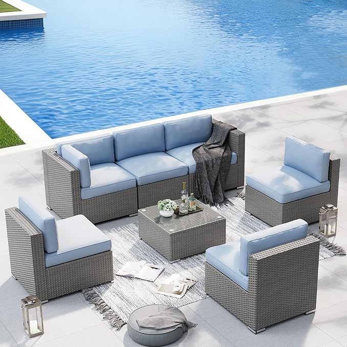 SUNCROWN Outdoor Patio Furniture Set 7 Piece Outdoor Sectional Sofa Grey Wicker Conversation Sofa Set with Coffee Table, Cushions and A Waterproof Cover, Backyard, Garden, Poolside, (Light Blue)