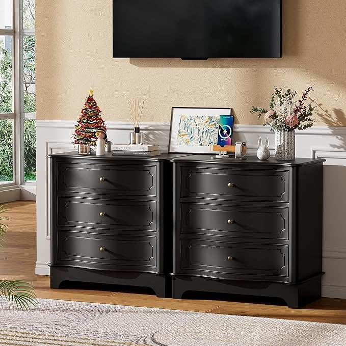 3 Drawers Dresser for Bedroom with Charging Station, 28" Wide Small Chests of Drawers, Farmhouse Wood Nightstand Bedside Cabinet End Table for Bedroom, Living Room, Closet, Black - Image 8