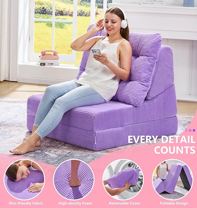 Hobestluk Sofa Couch Folding Sofa Bed Comfy Floor Lounger Convertible Sofa with Removable Cushion Couches for Small Spaces Foldable Mattress for Living Room Bedroom or Office (Cordury Purple, Large)