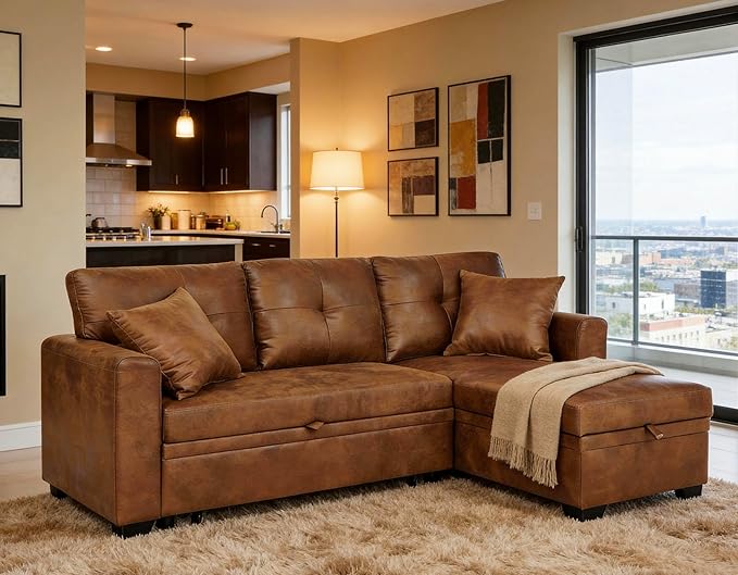 76.5" Sectional Sleeper Sofa with Pull Out Bed, L Shaped 3 Seat Sectional Couches for Living Room,Pull Out Couch Convertible Sofa Bed with Reversible Storage Chaise & 2 Pillows,Brown