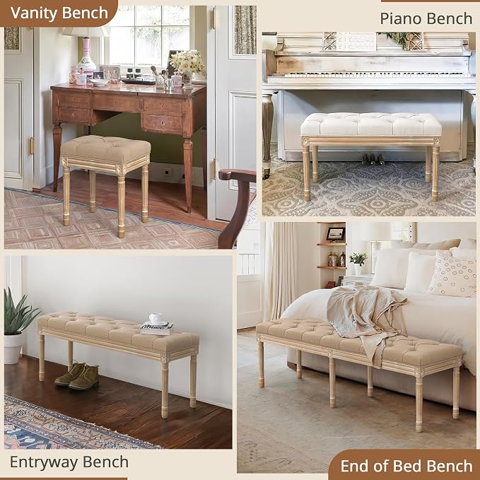LUE BONA 60" Fabric End of Bed Bench, Upholstered Tufted French Bedroom Bench with Carved Legs for Bedroom End of King Size Bed, Living Room, Wheat - Image 7
