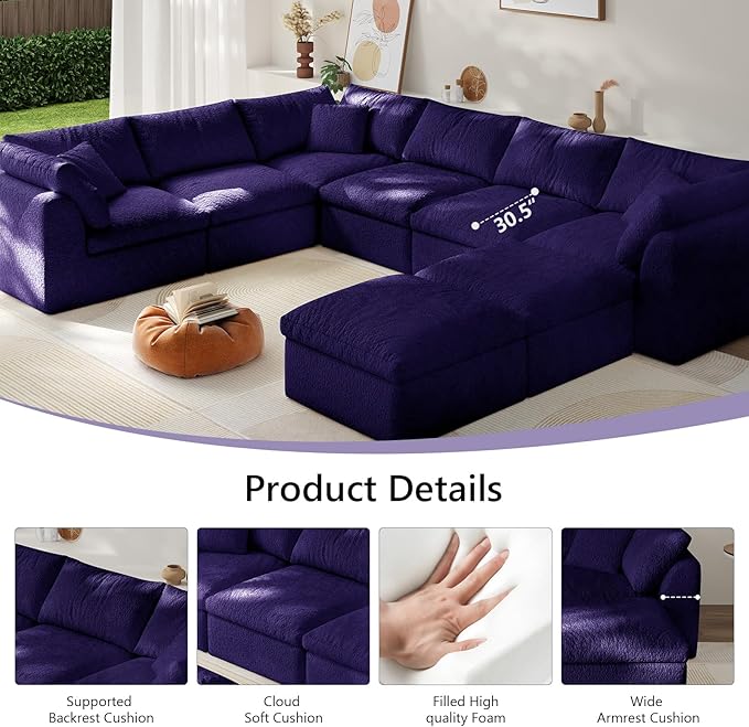 Modular Sectional Sofa Boneless Cloud Couch for Living Room, U Shape Deep Seat Recliner Sofa with Ottoman, Adjustable Backrest & 2 Throw Pillows - Covers Washable, (Purple, 6 Seater+2 Ottoman)