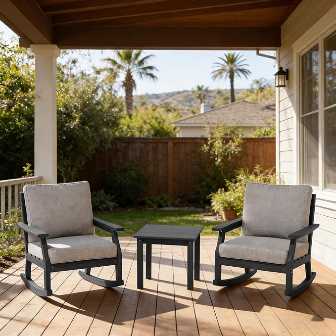 HDPE Patio Conversation Set, 3-Piece All Weather Outdoor Furniture Set with 2 Rocking Sofas for Deck, Lawn, with Cushion, Black