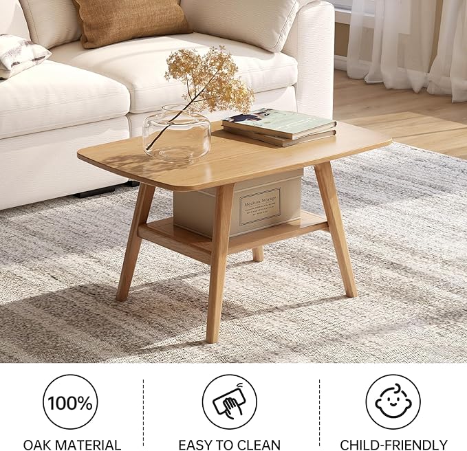 100% Solid Oak Wood Coffee Table for Living Room, Small Table with Shelf Storage, Mid Century Modern Coffee Tables with Rounded Corners for Home (Natural, 31.49" x 19.68" x 17.32")
