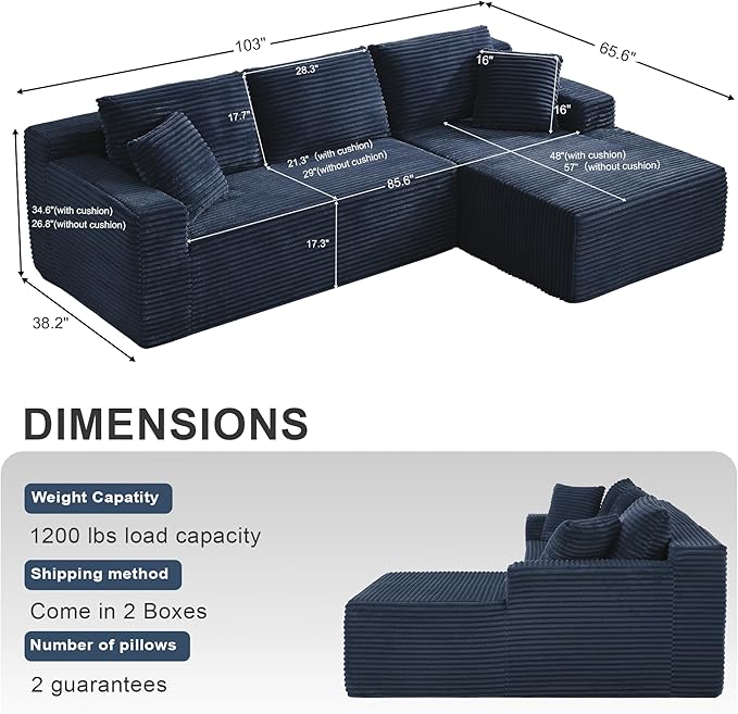103" Modular Sectional Sofa, L-Shape Sectional Couch with Chaise and Deep Seat,Upholstered Couches for Living Room Bedroom, No Assembly Required