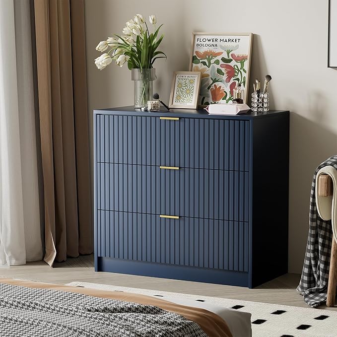 Furniway Navy Blue Dresser Bedroom Set 3 Pieces, Nightstands Sets of 2, 5 Drawer Dresser with Gold Handles for Bedroom