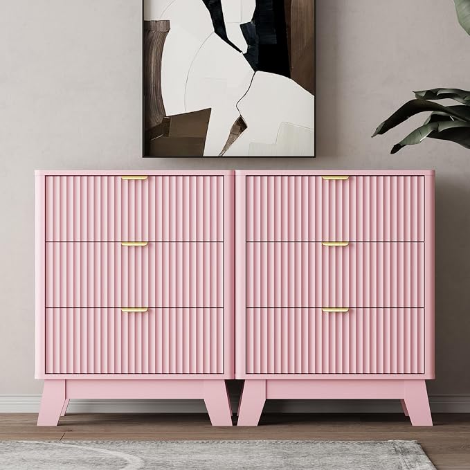 Wodeer Pink Nightstand with 3 Drawers, Mid Century Modern Wooden Bedroom Nightstand, Bedside Table & End Table with Metal Handles, Farmhouse Night Stands for Bedroom - Image 5