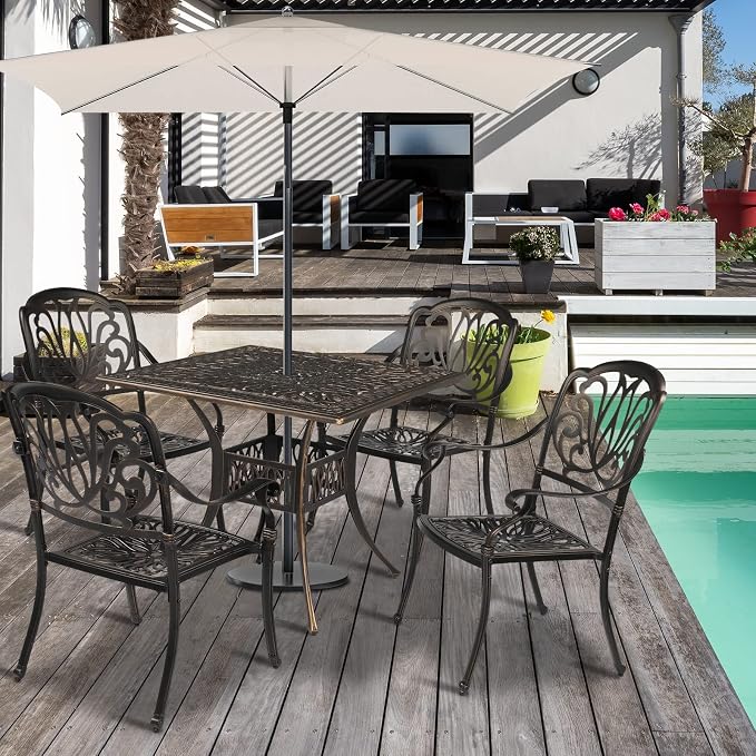 VINGLI 5 Pieces Outdoor Patio Dining Set, Cast Aluminium Patio Furniture Set with 4 Chairs and 1 Umbrella Table for Yard, Garden, Porch and Poolside, Bronze - Image 7