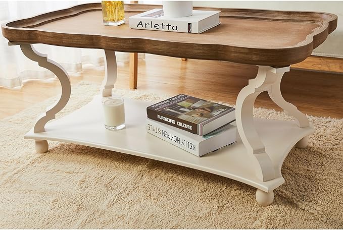 COZAYH Rustic Farmhouse Cottagecore Coffee Table, Natural Tray Top Sofa Table for Family, Dining or Living Room, Small Spaces, Handcrafted Finish, Modern