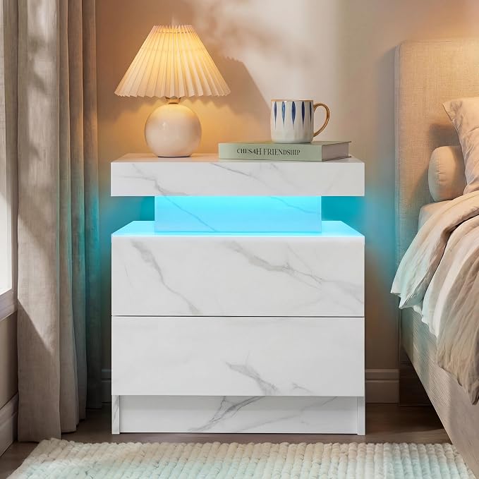 i-aplus Night Stand Set 2 LED Nightstand with 2 Drawers Bedside Table with LED Lights Side Tables for Bedroom Living Room - Image 3