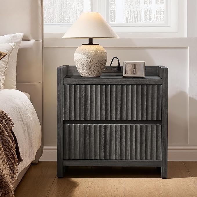 SICOTAS Night Stand Set of 2-Fluted Nightstands with Charger Station-Large Nightstand Bedside Table End Table with 2 Drawers, 25" Wide Mid Century Modern Night Stands for Bedroom-Black Oak - Image 2