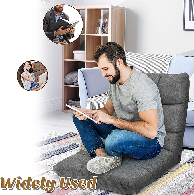 Giantex Adjustable Floor Gaming Sofa Chair 14-Position Cushioned Folding Lazy Recliner High Resilience Sponge, Breathable Cotton & Linen Fabric Sleeper Bed Couch Recliner with Removable Cover (Gray)