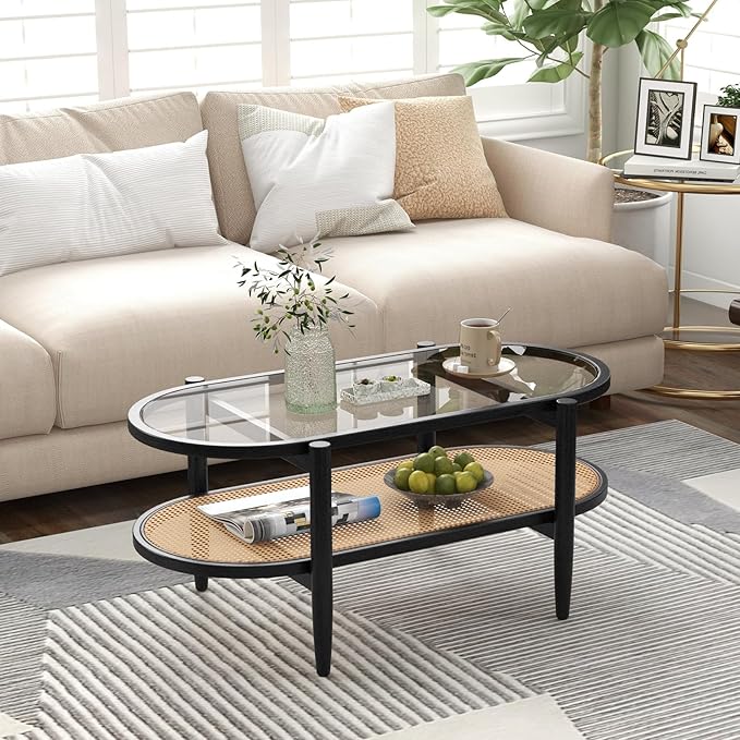 Tangkula Rattan Coffee Table, 40”L Boho Oval Acacia Wood Cocktail Table with Tempered Glass Tabletop & PE Rattan Storage Shelf, 2-Tier Tea Center Table for Living Room Office Reception (Boho, Black)