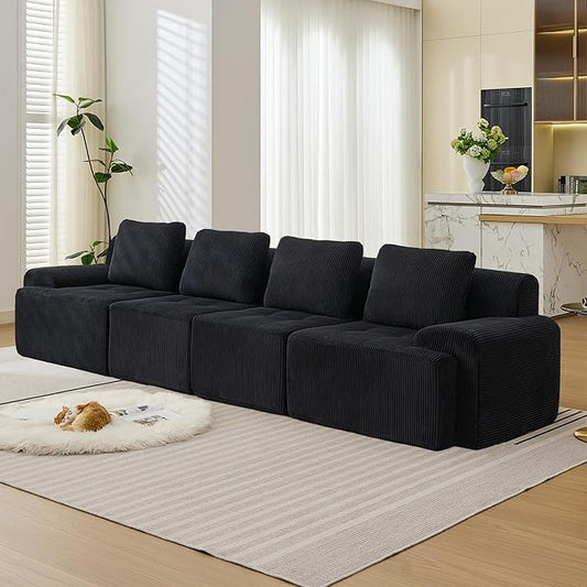 Modular Sectional Sofa, 6 Seat Modular Couch, Modular Sofa with Deep Seat and Detachable Pillow (Black, 4 Pieces-Rowshape)