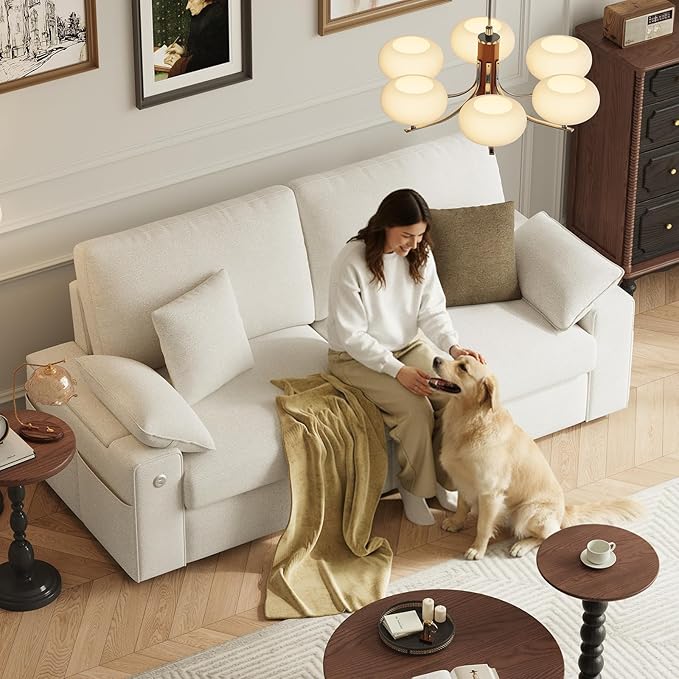 76" Loveseat Sofa, Cloud Foam Couch, 3 Seater Upholstered Midcentury Mondern Love Seat with USB Type C Ports, 4 Pillows and Storage Armrest for Living Room/Small Spaces, Beige | Breathable material