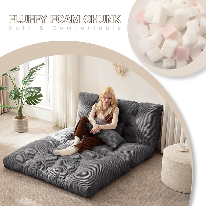 Folding Sofa Bed, Convertible Sleeper Chair with Pillow Foldable Mattress with Back Support, Portable Fold Out Chair Bed Comfy Floor Sofa Lounge for Living Room Bedroom, Dark Gray Full 80x54 Inch