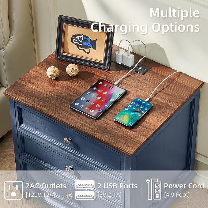 Joaxswe Farmhouse Nightstand with Charging Station, 24" Wide End Table with 3 Drawers,Blue Wood Dresser for Bedroom, Bed Side Table Chest of Drawers Cabinet,Night Stand for Living Room, Closet - Image 5