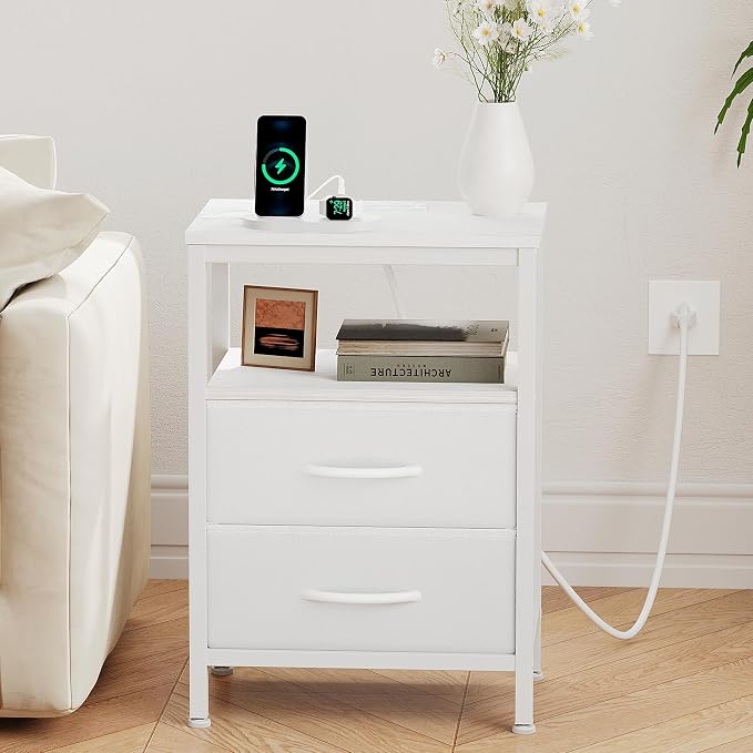 OLIXIS Nightstands Set of 2 with Charging Station, Bedside Table with USB Ports & Type-C, 2 Fabric Drawers Night Stand with Open Shelf, Compact End Table for Bedroom, White - Image 7