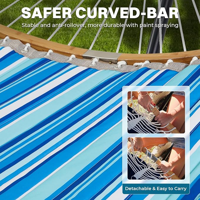 SUPERJARE Hammock with Stand, 2 Person Heavy Duty Hammock with Padded Cotton, Detachable Pillow & Strong Curved-Bar & Portable Carrying Bag, Perfect for Outdoor & Indoor, Blue Stripe - Image 7