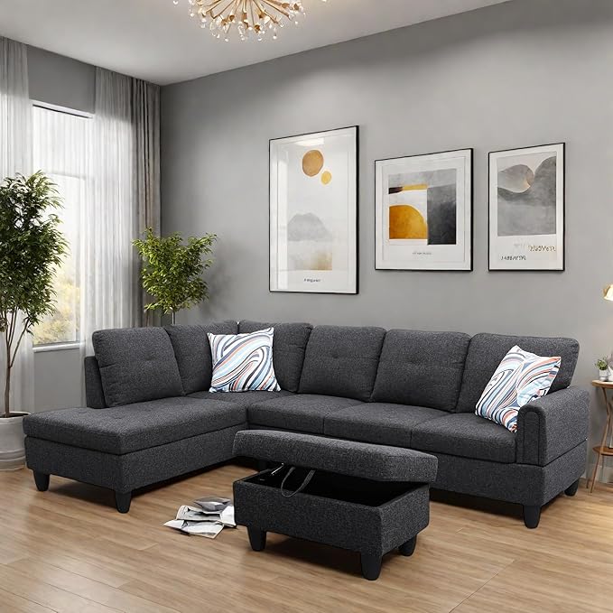 FONTOI L Shaped Sectional Couches, Modern Modular Sectional Sofa for Living Room Bedroom Furniture, Comfy 4 Seat Couch with Ottoman Storage & Chaise, Black Gray