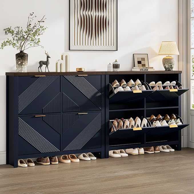 ONBRILL Shoe Cabinet with 4 Flip Drawers, 16-24 Pairs Shoe Organizer with Symmetric Groove Pattern, Freestanding Slim Hidden Shoe Storage Cabinet for Entryway, Hallway (Navy Blue) - Image 7