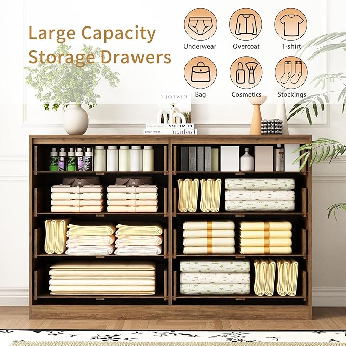 8 Drawer Dresser and Nightstand Sets for Bedroom, 3 Pcs Bedroom Set，Night Stand Set of 2 & 8 Drawer Dresser with Gold Handles, Modern Wood Chest of Drawers Storage Cabinet Set, Natural