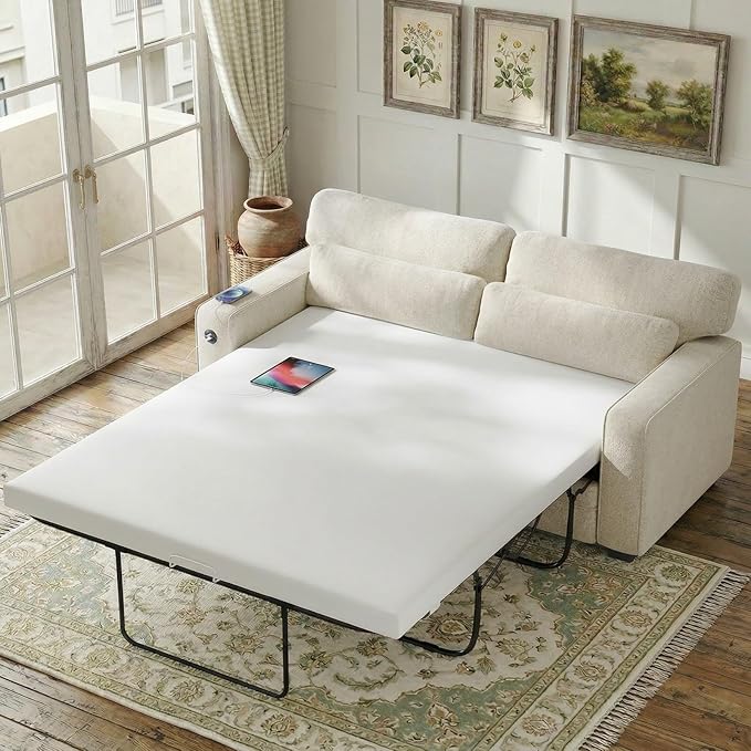 Marsail Pull Out Sofa Bed, Queen Size Sleeper Sofa with Memory Foam Mattress, 2 USB Charging Ports & Removable Covers, Chenille Loveseat Couch for Living Room, Apartment, Pure White