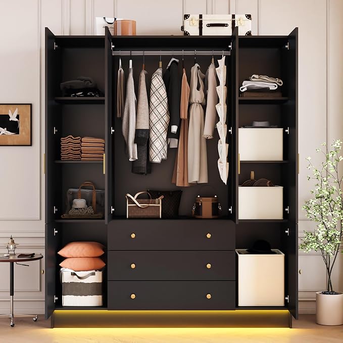 4 Doors Mirrored Wardrobe Armoire Closet with Drawers, LED Armoire Storage Cabinet with Adjustable Shelves & Hanging Rod, 74.8" H Freestanding Clothing Storage Cabinet for Bedroom, Black