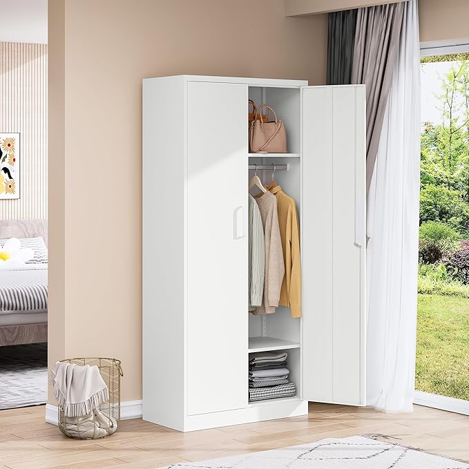 Metal Wardrobe Closet Cabinet,White Armoire Wardrobe Closets Storage Cabinets with Doors and Shelves for Laundry Room,Bedroom,Home Office,Bathroom(Long Handle)