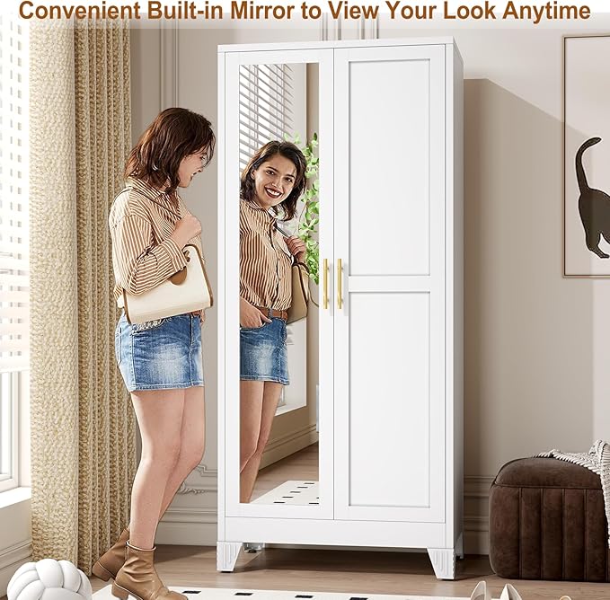 Metal Armoire Wardrobe Closet Storage Cabinet with Mirror White, 71'' Wardrobe Cabinet with Hanging Rod Metal Closet with 2 Adjustable Shelves for Bedroom, Laundry Room, Cloak Room