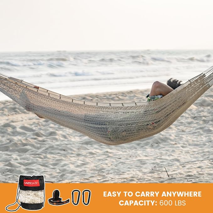 Lazy Daze Hammocks Handwoven Mayan Hammock, 10.5 FT Soft Rope Double Hammocks, Portable Outdoor Hammock with Carry Bag, 2 Straps & Carabiners for Patio Outside, 550 lbs Weight Capacity, Natural - Image 5