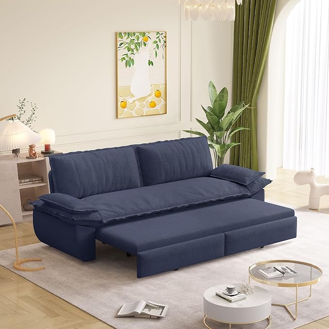 73.2" Queen Size Pull Out Sofa Bed, 3-in-1 Convertible Sleeper, Corduroy Loveseat for Living Room, Apartment, Bedroom Small Spaces, Dusty Blue (Mattress & Bedding Not Included)