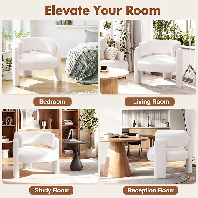 Accent Chairs Set of 2, Modern Sherpa Barrel Chairs, Upholstered Living Room Chairs with 3 Legs, Comfy Armchair Reading Side Chair for Bedroom, Office, Apartment, White