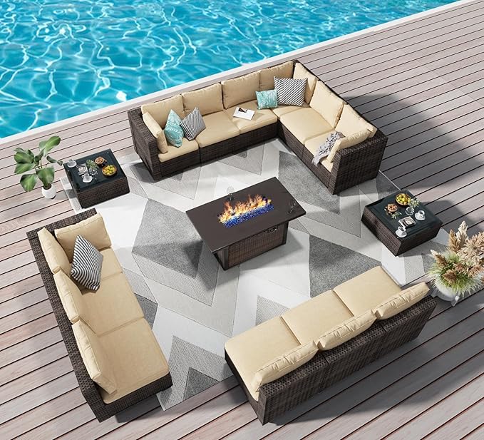 Grezone 15 Piece Patio Furniture Set with 44" Fire Pit Table, Outdoor Sectional Couch, PE Rattan Patio Conversation Sets with 4inch Cushions for Backyard Beige