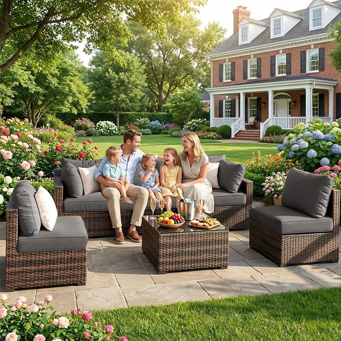 Grezone Patio Furniture Set 7 Piece Outdoor Wicker Sectional Sofa - All Weather High Backrest PE Rattan Couch Conversation Set with Cushion & Glass Top Table for Backyard Deck Porch, (Grey)