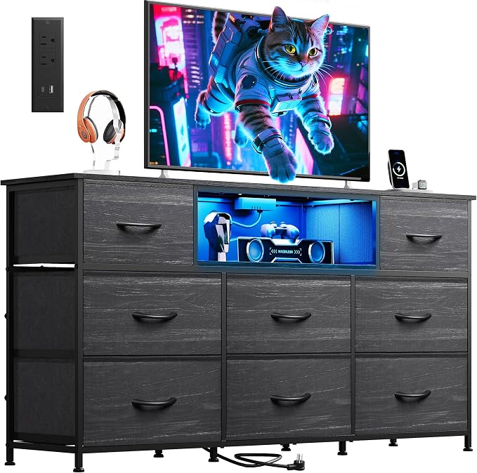 WLIVE Black Dresser TV Stand for 50, 55, 65 inch TV, Entertainment Center with LED Lights & Charging Station, Chest of Drawers with 8 Fabric Drawers and Open Shelves for Living Room, Bedroom, Wood Top by WLIVE