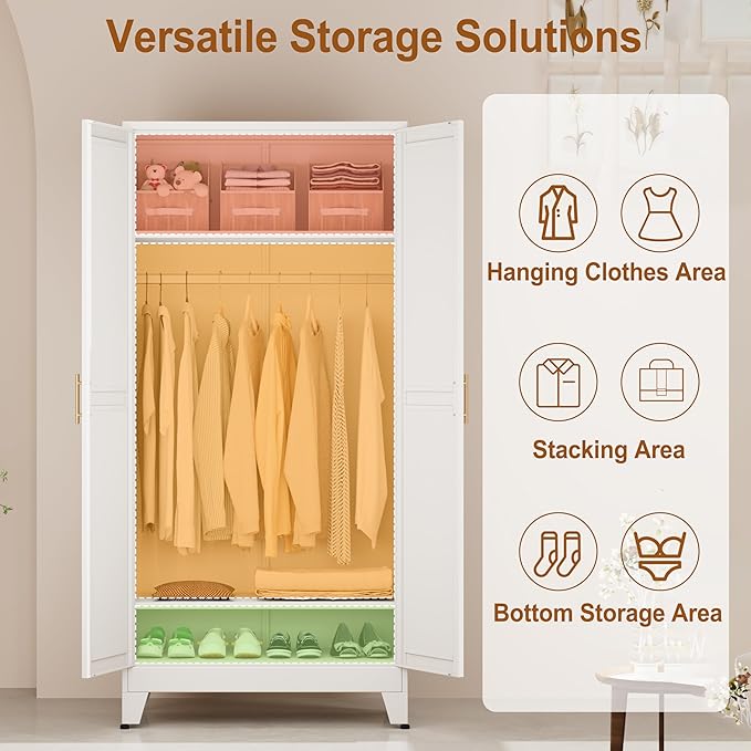 Metal Armoire Wardrobe Closet Storage Cabinet with 2 Doors White, 71'' Wardrobe Cabinet with Hanging Rod Metal Closet with 2 Adjustable Shelves for Bedroom, Laundry Room, Cloak Room