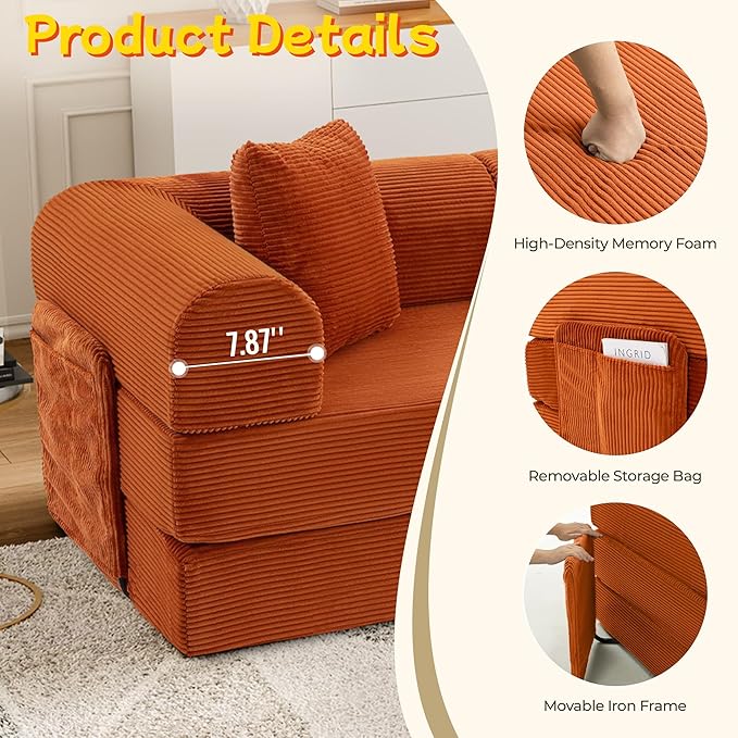 106.3" L Shape Convertible Sleeper Sofa Bed, Oversized Modular Sectional Cloud Sofa with Fixed-Shape Frame & Storage Pocket, Boneless Couch for Living Room, No Assembly Required, Orange