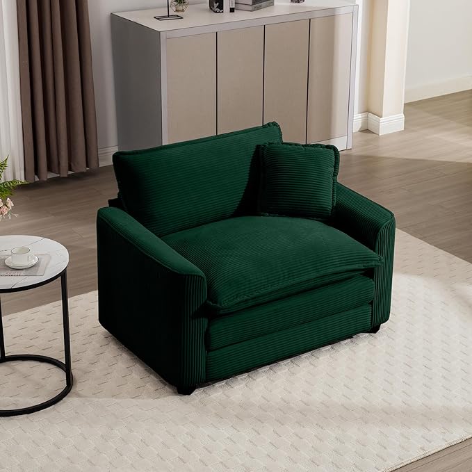 KEIKI 45" Oversized Corduroy Modular Sectional Single Sofa with High-Density Foam Cushions, Removable Armrests, Upholstered Modern 1-Seater Lounge Accent Chair with 1 Pillow, for Living Room, Green