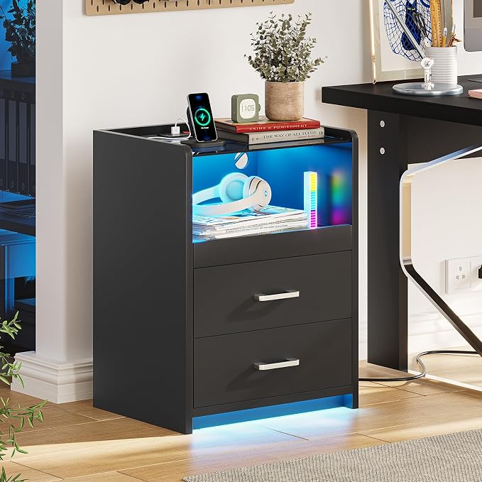 VIAGDO Nightstand with Charging Station and LED Lights, Black Night Stand with Glass Top and Storage Drawers, End Side Tables with Pull-Out Tray and USB Ports, Modern Bedside Tables for Bedroom - Image 7