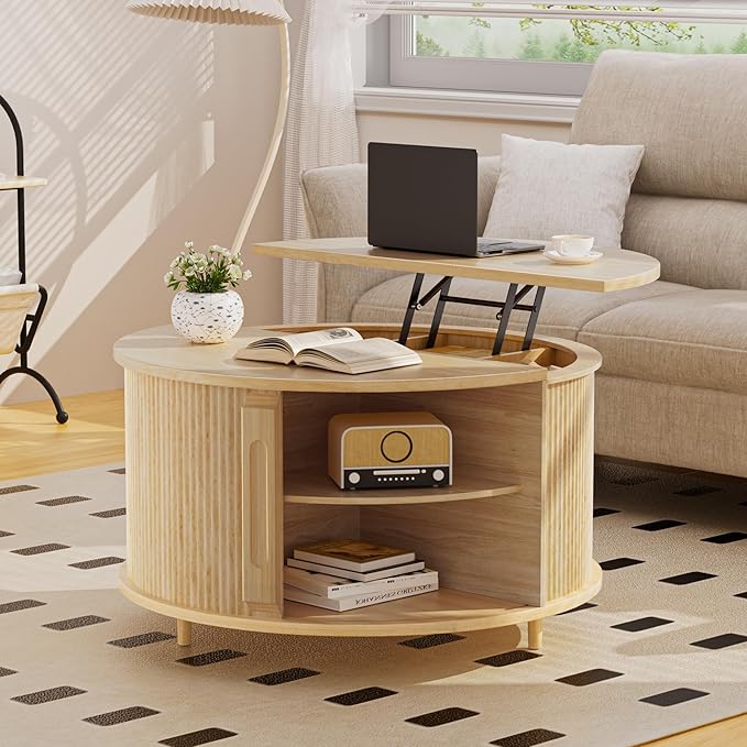 Round Lift Top Coffee Table, 31.5" Fluted Wood Lift Up Center Table with Sliding Door & Hidden Storage – Mid Century Modern Circle Coffee Table for Living Room, Apartmentm, Home Office (Natural)