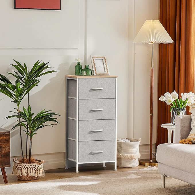 DUMOS Nightstand with 4 Drawers Bedside Table with Removable Fabric Bins Sturdy Steel Frame Wood Top Organizer Furniture for Bedroom Closet Living Room,Light Gray - Image 2