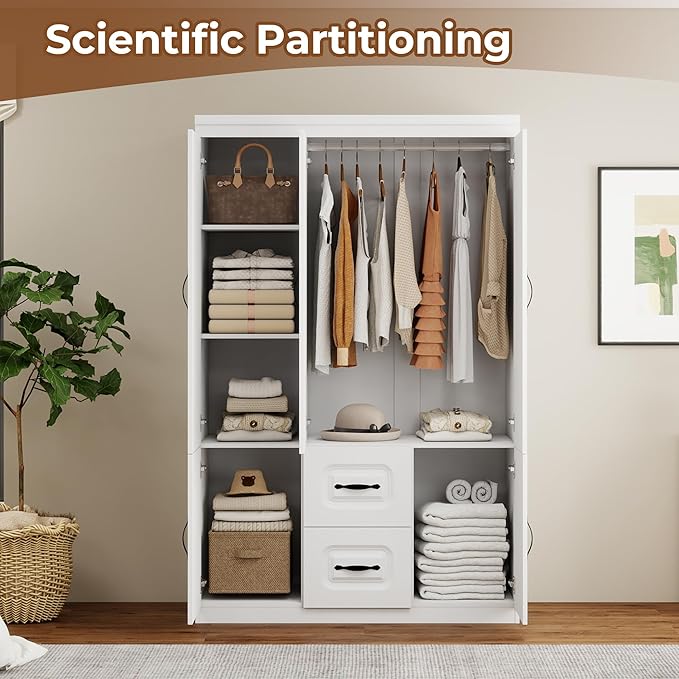Armoire Wardrobe Closet with 2 Doors, White Cabinet with 2 Drawers and Clothes Storage Organizer, Modern Style with Hanging Rod Shleves Suitable for Bedroom(47.24" W x 20.47" D x 70.87" H)